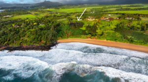 Coastal aerial with a white arrow indicating the approximate location of Kealia Kai #18