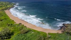 Aerial view of nearby Paliku, also known as Donkey Beach